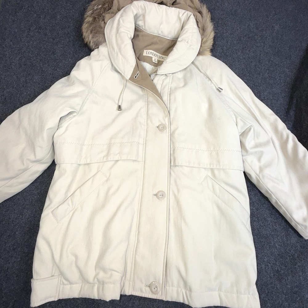 London Fog Womens XS Puffer Coat Hooded Faux Fur Trim Ivory Winter Jacket